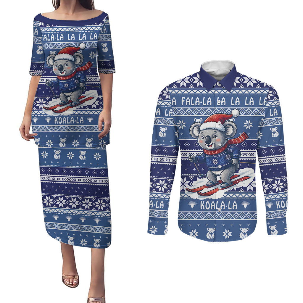Australia Christmas In July Couples Matching Puletasi and Long Sleeve Button Shirt Koala Santa Skiing Blue Color