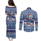 Australia Christmas In July Couples Matching Puletasi and Long Sleeve Button Shirt Koala Santa Skiing Blue Color