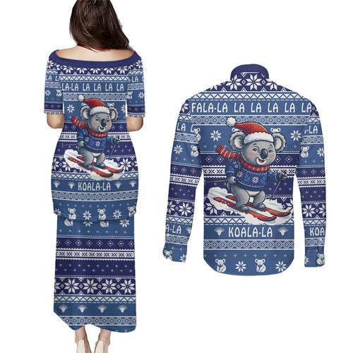Australia Christmas In July Couples Matching Puletasi and Long Sleeve Button Shirt Koala Santa Skiing Blue Color