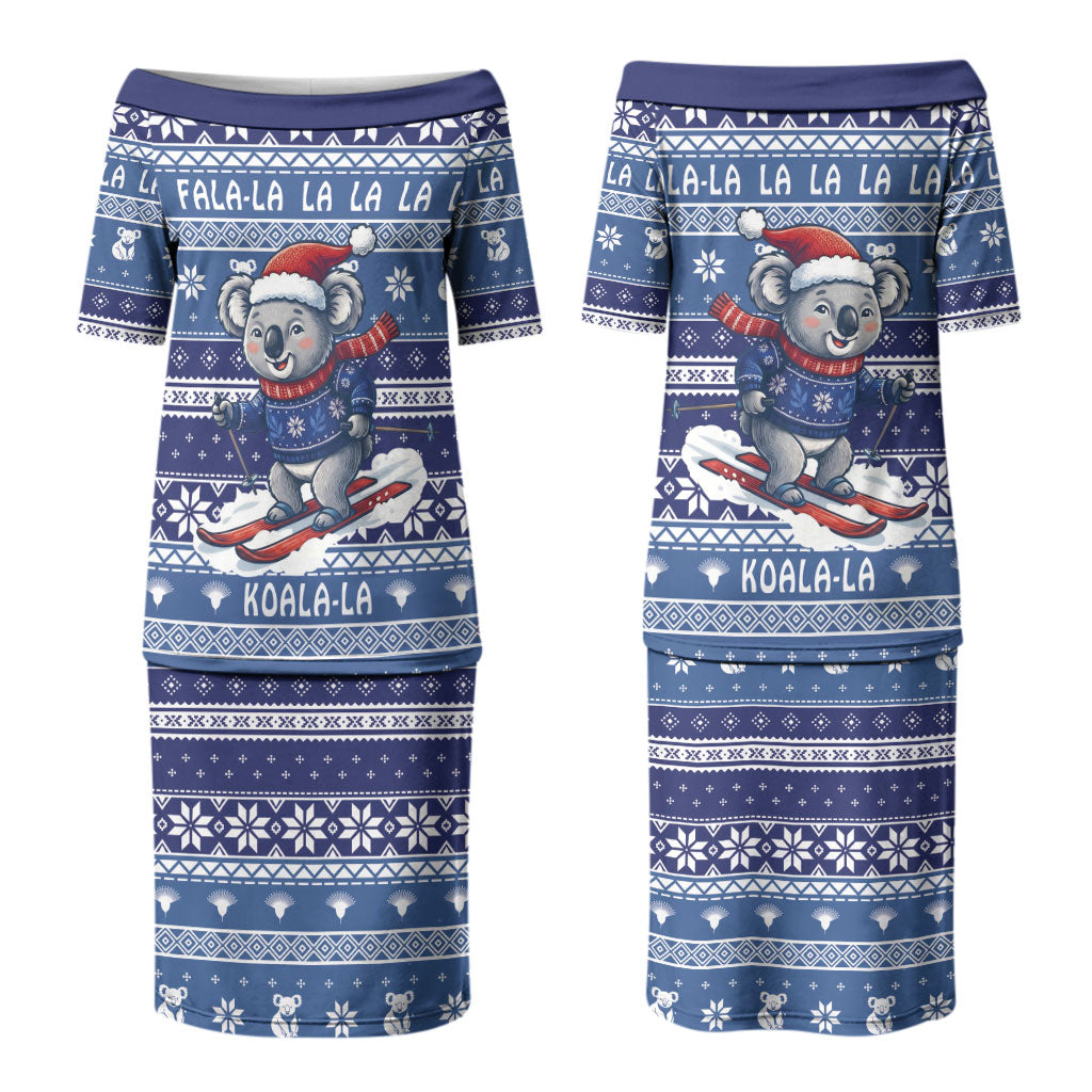 Australia Christmas In July Couples Matching Puletasi and Long Sleeve Button Shirt Koala Santa Skiing Blue Color LT22