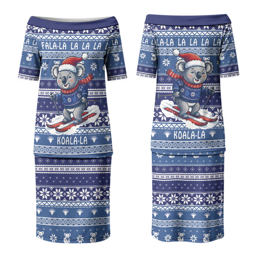 Australia Christmas In July Couples Matching Puletasi and Long Sleeve Button Shirt Koala Santa Skiing Blue Color LT22