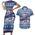 Australia Christmas In July Couples Matching Short Sleeve Bodycon Dress and Hawaiian Shirt Koala Santa Skiing Blue Color