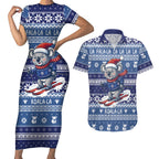 Australia Christmas In July Couples Matching Short Sleeve Bodycon Dress and Hawaiian Shirt Koala Santa Skiing Blue Color