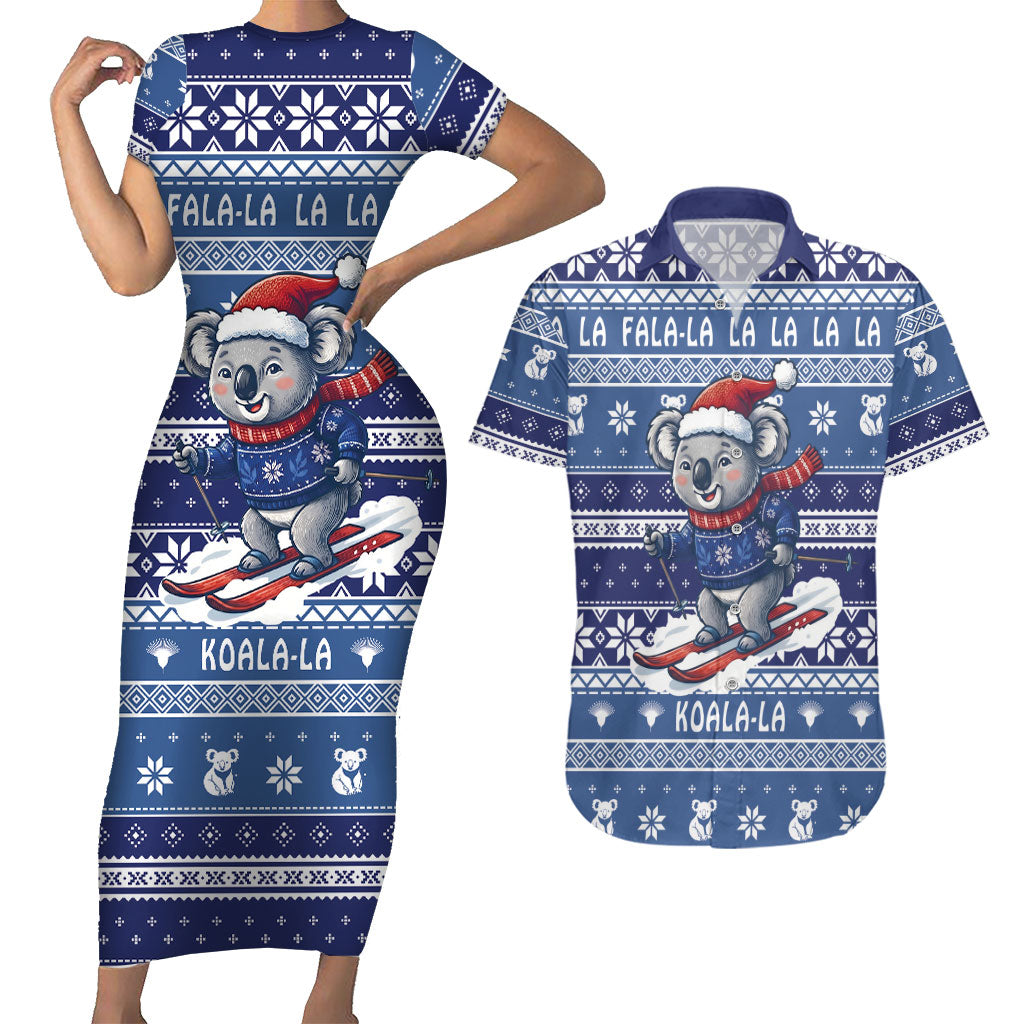 Australia Christmas In July Couples Matching Short Sleeve Bodycon Dress and Hawaiian Shirt Koala Santa Skiing Blue Color