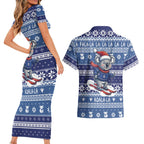 Australia Christmas In July Couples Matching Short Sleeve Bodycon Dress and Hawaiian Shirt Koala Santa Skiing Blue Color