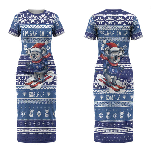 Australia Christmas In July Couples Matching Short Sleeve Bodycon Dress and Hawaiian Shirt Koala Santa Skiing Blue Color LT22