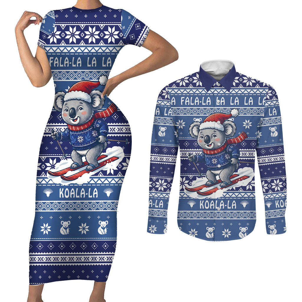 Australia Christmas In July Couples Matching Short Sleeve Bodycon Dress and Long Sleeve Button Shirt Koala Santa Skiing Blue Color