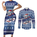 Australia Christmas In July Couples Matching Short Sleeve Bodycon Dress and Long Sleeve Button Shirt Koala Santa Skiing Blue Color