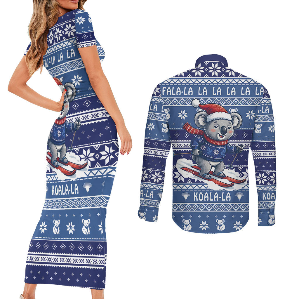 Australia Christmas In July Couples Matching Short Sleeve Bodycon Dress and Long Sleeve Button Shirt Koala Santa Skiing Blue Color