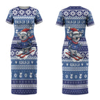 Australia Christmas In July Couples Matching Short Sleeve Bodycon Dress and Long Sleeve Button Shirt Koala Santa Skiing Blue Color LT22