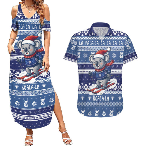 Australia Christmas In July Couples Matching Summer Maxi Dress and Hawaiian Shirt Koala Santa Skiing Blue Color