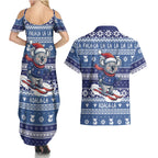 Australia Christmas In July Couples Matching Summer Maxi Dress and Hawaiian Shirt Koala Santa Skiing Blue Color