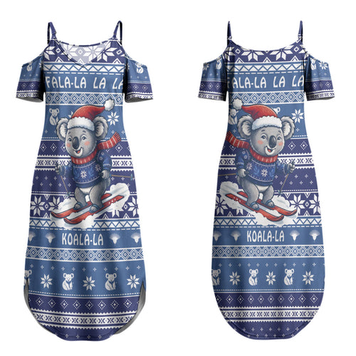 Australia Christmas In July Couples Matching Summer Maxi Dress and Hawaiian Shirt Koala Santa Skiing Blue Color LT22