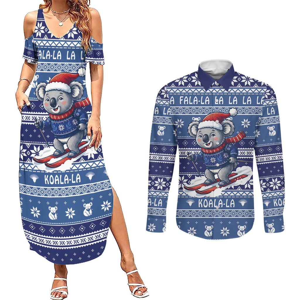 Australia Christmas In July Couples Matching Summer Maxi Dress and Long Sleeve Button Shirt Koala Santa Skiing Blue Color