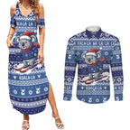 Australia Christmas In July Couples Matching Summer Maxi Dress and Long Sleeve Button Shirt Koala Santa Skiing Blue Color