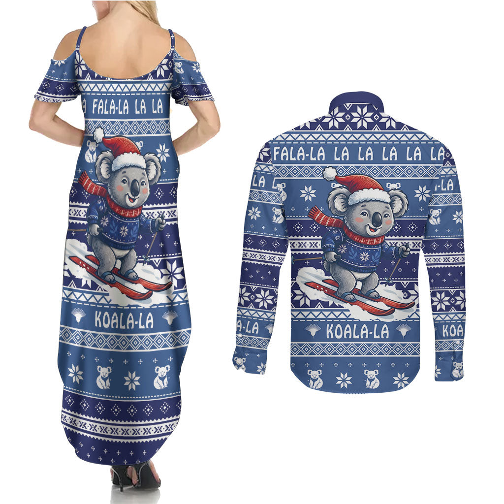 Australia Christmas In July Couples Matching Summer Maxi Dress and Long Sleeve Button Shirt Koala Santa Skiing Blue Color
