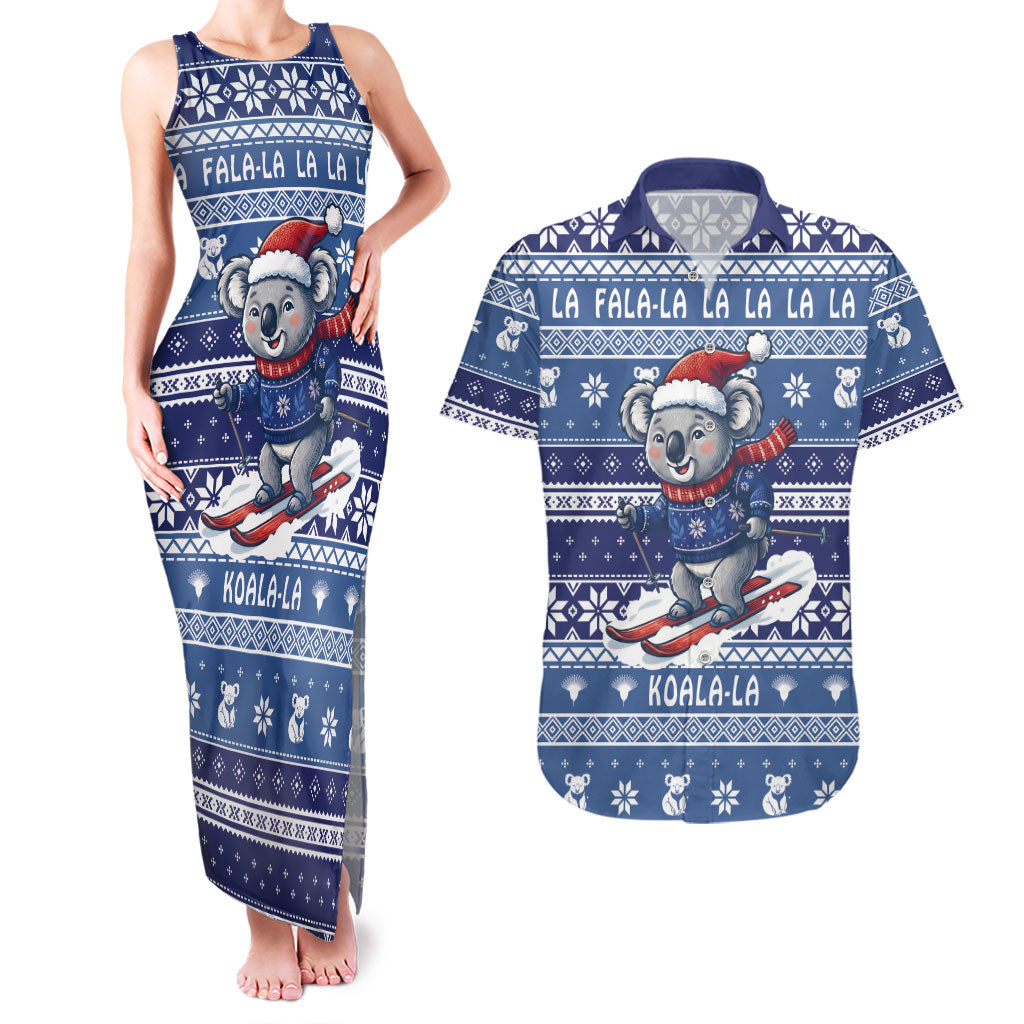 Australia Christmas In July Couples Matching Tank Maxi Dress and Hawaiian Shirt Koala Santa Skiing Blue Color
