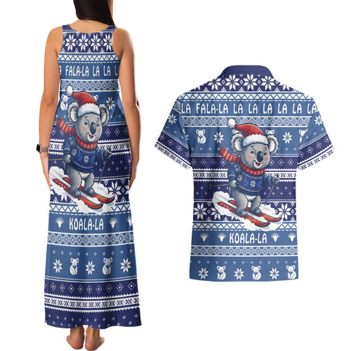 Australia Christmas In July Couples Matching Tank Maxi Dress and Hawaiian Shirt Koala Santa Skiing Blue Color