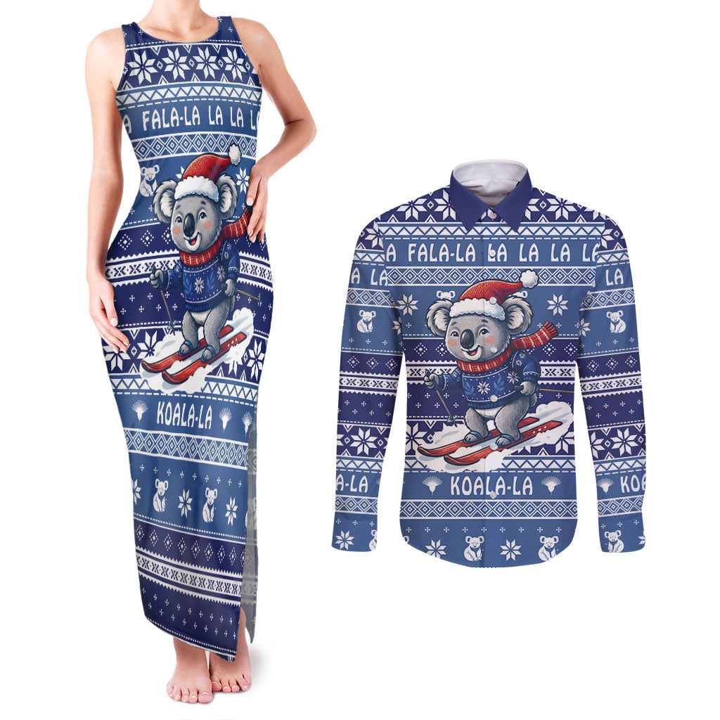Australia Christmas In July Couples Matching Tank Maxi Dress and Long Sleeve Button Shirt Koala Santa Skiing Blue Color
