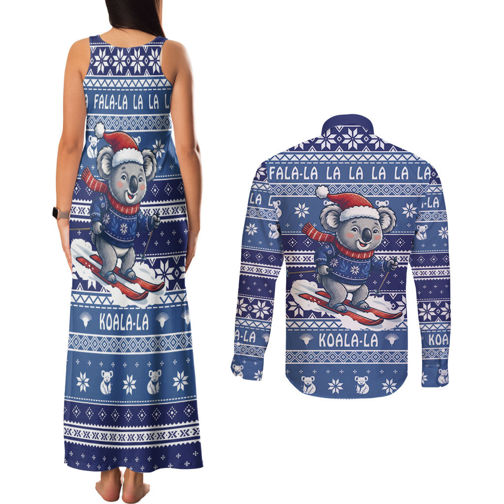 Australia Christmas In July Couples Matching Tank Maxi Dress and Long Sleeve Button Shirt Koala Santa Skiing Blue Color