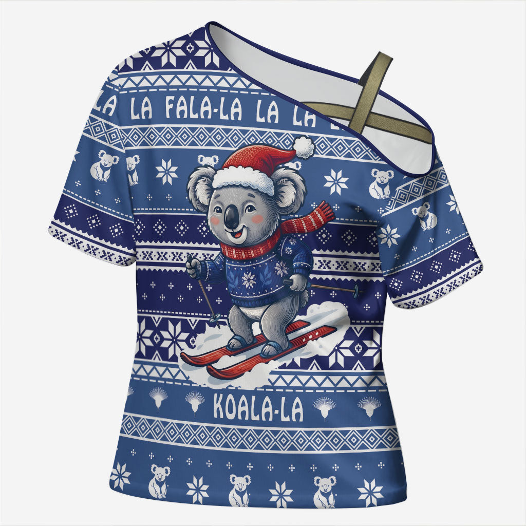 Australia Christmas In July Cross Shoulder Shirt Koala Santa Skiing Blue Color