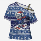 Australia Christmas In July Cross Shoulder Shirt Koala Santa Skiing Blue Color