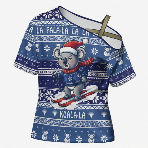 Australia Christmas In July Cross Shoulder Shirt Koala Santa Skiing Blue Color