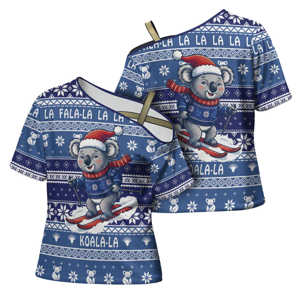 Australia Christmas In July Cross Shoulder Shirt Koala Santa Skiing Blue Color