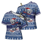 Australia Christmas In July Cross Shoulder Shirt Koala Santa Skiing Blue Color