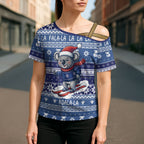 Australia Christmas In July Cross Shoulder Shirt Koala Santa Skiing Blue Color