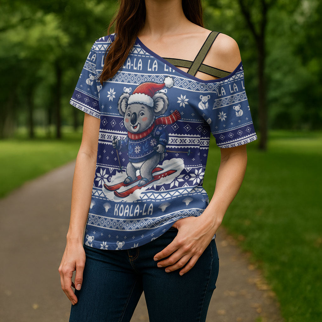 Australia Christmas In July Cross Shoulder Shirt Koala Santa Skiing Blue Color