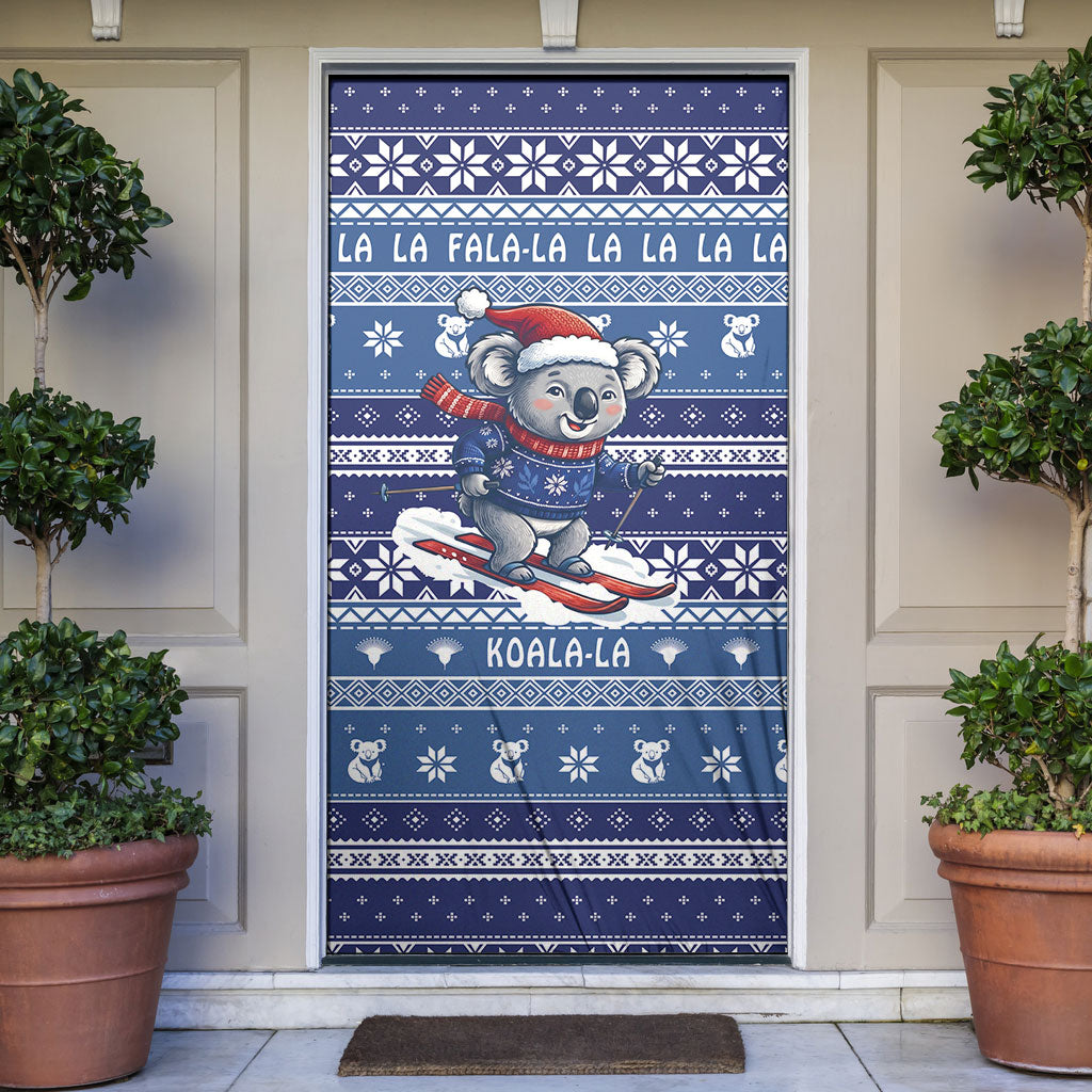 Australia Christmas In July Door Cover Koala Santa Skiing Blue Color
