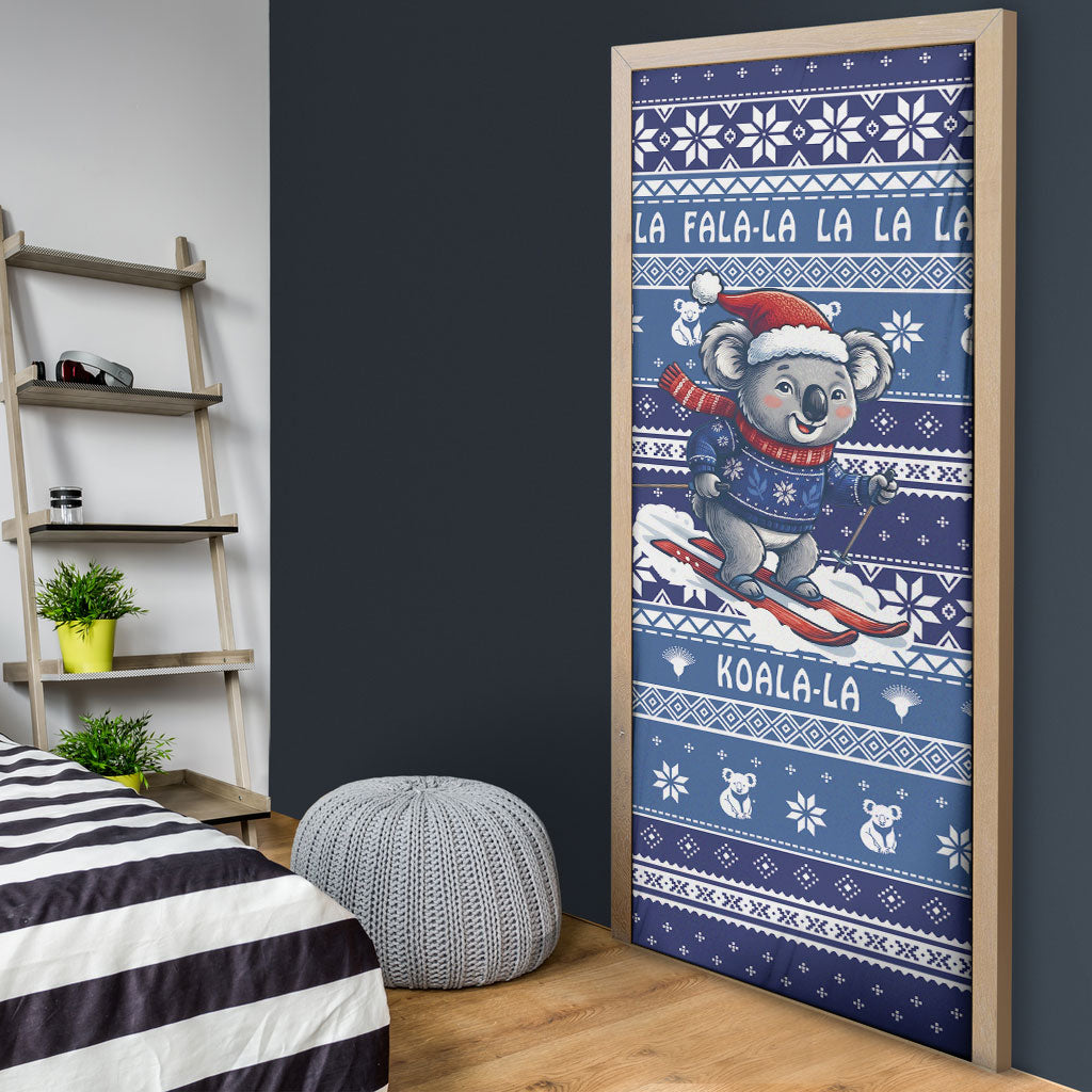 Australia Christmas In July Door Cover Koala Santa Skiing Blue Color