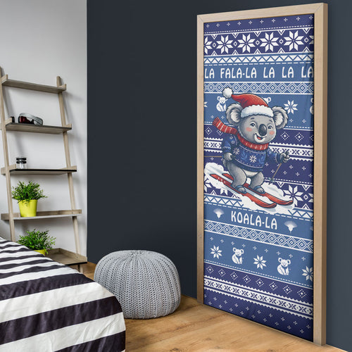 Australia Christmas In July Door Cover Koala Santa Skiing Blue Color