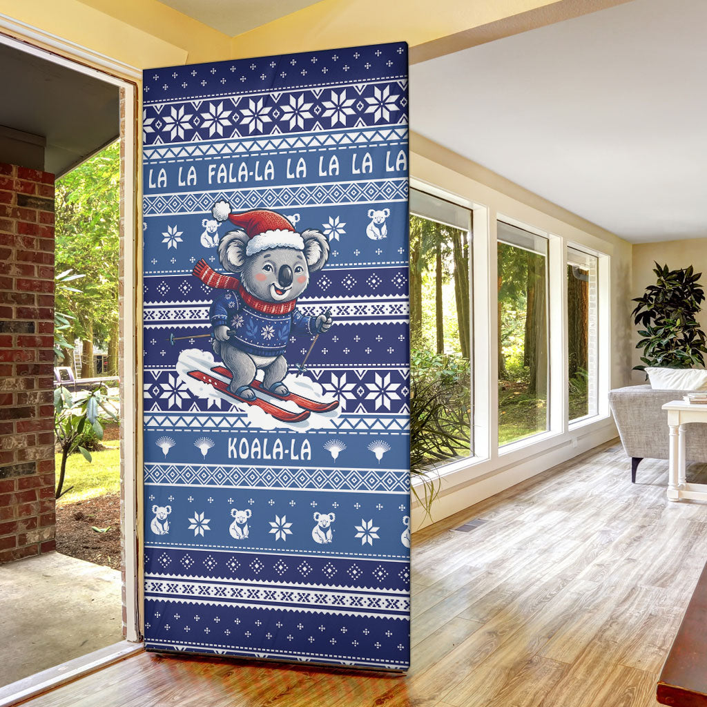 Australia Christmas In July Door Cover Koala Santa Skiing Blue Color