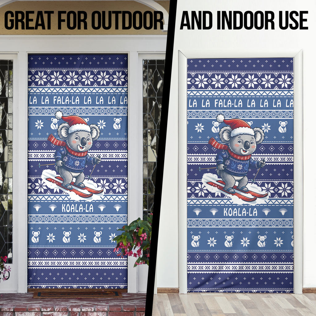 Australia Christmas In July Door Cover Koala Santa Skiing Blue Color
