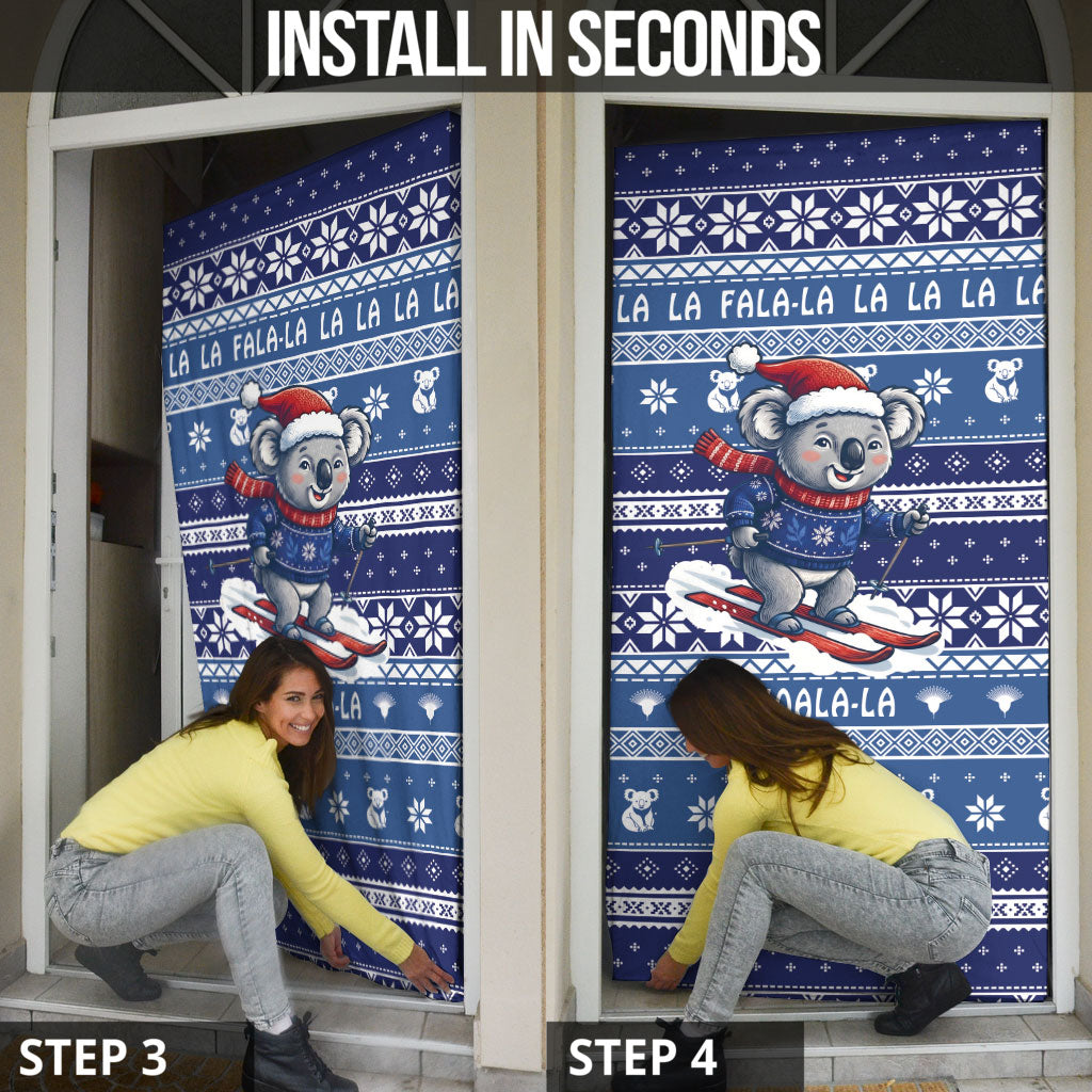 Australia Christmas In July Door Cover Koala Santa Skiing Blue Color
