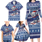 Australia Christmas In July Family Matching Long Sleeve Bodycon Dress and Hawaiian Shirt Koala Santa Skiing Blue Color