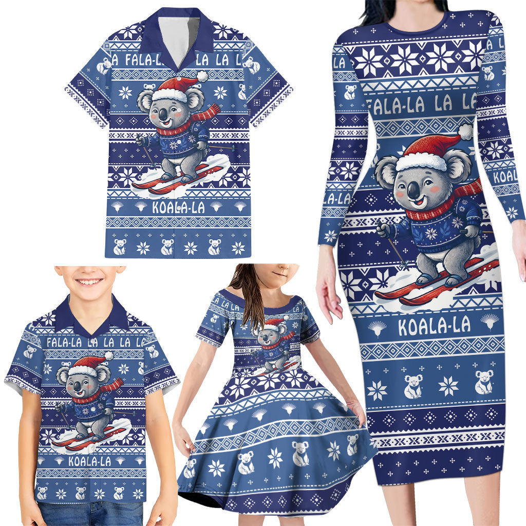Australia Christmas In July Family Matching Long Sleeve Bodycon Dress and Hawaiian Shirt Koala Santa Skiing Blue Color
