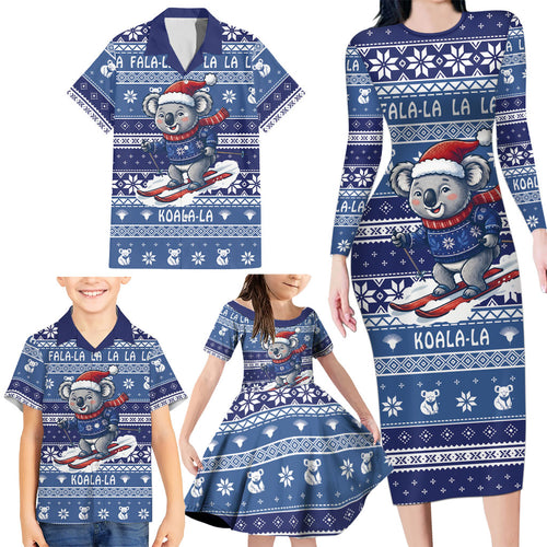 Australia Christmas In July Family Matching Long Sleeve Bodycon Dress and Hawaiian Shirt Koala Santa Skiing Blue Color
