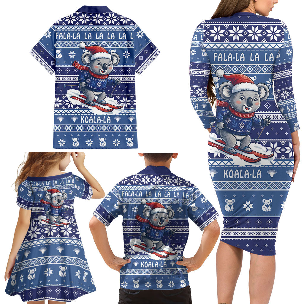 Australia Christmas In July Family Matching Long Sleeve Bodycon Dress and Hawaiian Shirt Koala Santa Skiing Blue Color