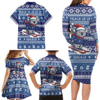 Australia Christmas In July Family Matching Long Sleeve Bodycon Dress and Hawaiian Shirt Koala Santa Skiing Blue Color