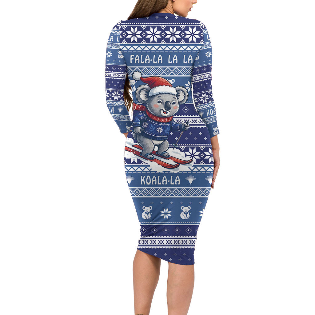 Australia Christmas In July Family Matching Long Sleeve Bodycon Dress and Hawaiian Shirt Koala Santa Skiing Blue Color
