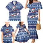 Australia Christmas In July Family Matching Mermaid Dress and Hawaiian Shirt Koala Santa Skiing Blue Color