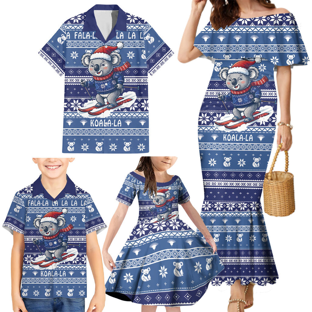 Australia Christmas In July Family Matching Mermaid Dress and Hawaiian Shirt Koala Santa Skiing Blue Color