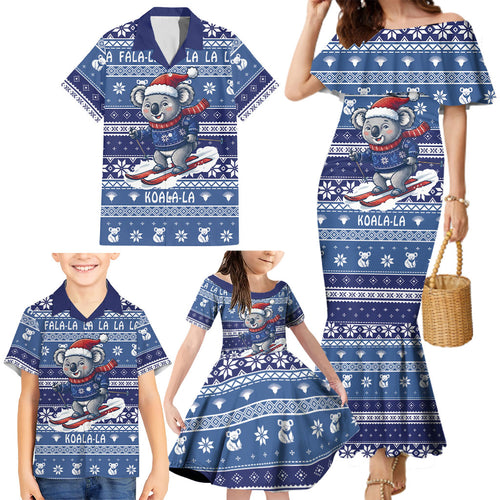 Australia Christmas In July Family Matching Mermaid Dress and Hawaiian Shirt Koala Santa Skiing Blue Color