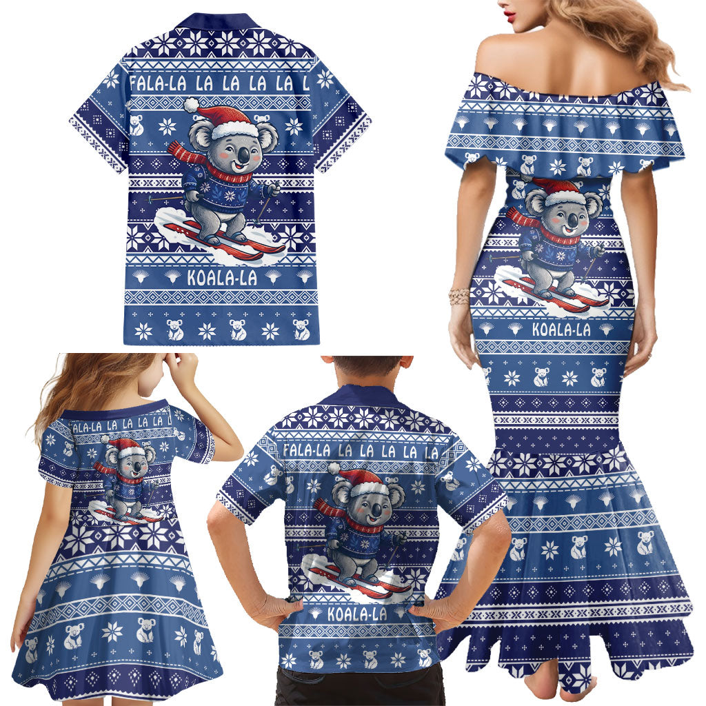Australia Christmas In July Family Matching Mermaid Dress and Hawaiian Shirt Koala Santa Skiing Blue Color