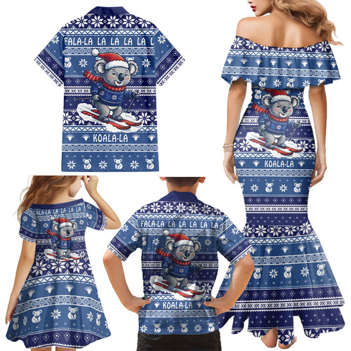 Australia Christmas In July Family Matching Mermaid Dress and Hawaiian Shirt Koala Santa Skiing Blue Color