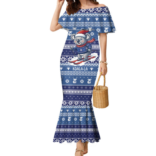 Australia Christmas In July Family Matching Mermaid Dress and Hawaiian Shirt Koala Santa Skiing Blue Color