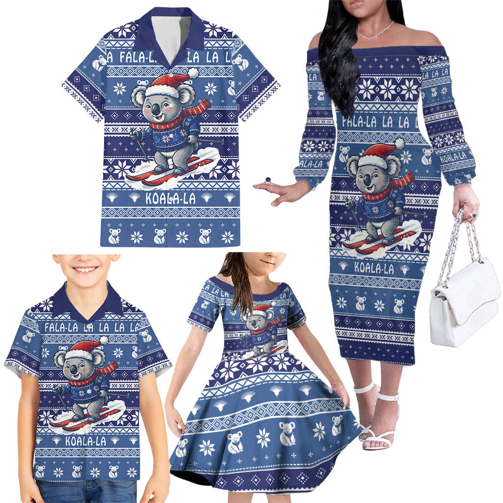 Australia Christmas In July Family Matching Off The Shoulder Long Sleeve Dress and Hawaiian Shirt Koala Santa Skiing Blue Color